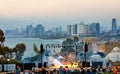 Panorama of Tel Aviv at sunset, coastal line with hotels. View of the stage for performances, evening concerts for the Royalty Free Stock Photo