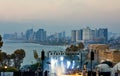 Panorama of Tel Aviv at sunset, coastal line with hotels. View of the stage for performances, evening concerts for the