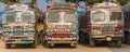 Panorama of three colorful indian trucks