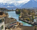 Panorama of Thun Church and Town with Alps and Thunersee Royalty Free Stock Photo