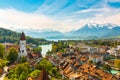 Panorama of Thun city with Alps and Thunersee lake, Switzerland. Royalty Free Stock Photo