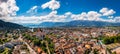 Panorama of Thun city with Alps and Thunersee lake, Switzerland. Historical Thun city and lake Thun with Bernese Highlands swiss Royalty Free Stock Photo