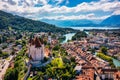 Panorama of Thun city with Alps and Thunersee lake, Switzerland. Historical Thun city and lake Thun with Bernese Highlands swiss Royalty Free Stock Photo