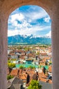 Panorama of Thun city, Switzerland with Alps and river Aare. Royalty Free Stock Photo