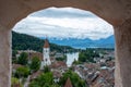 Panorama of Thun, Switzerland viewing Castles, Lakes, and the Town