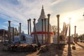 Panorama of Thuparama Dagoba with beautiful columns in backlight, Anuradhapura, UNESCO, Sri Lanka, Asia