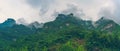 Panorama of the Tianmen mountain covered in fog