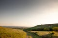 Panorama of Titelski breg, or titel hill, in Vojvodina, Serbia, with a dirtpath countryside road, in an agricultural landscape ay Royalty Free Stock Photo