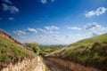 Panorama of Titelski breg, or titel hill, in Vojvodina, Serbia, with a dirtpath countryside road, in an agricultural landscape Royalty Free Stock Photo