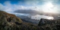 Spectacular panorama to massive glacier with clouds and ray lights Royalty Free Stock Photo