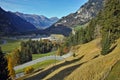 Panorama to road in Swiss Alps near Bluemlisalp peak, Switzerland Royalty Free Stock Photo