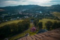 Panorama from the top of Banska Stiavnica Cavalry in central Slovakia during afternoon hours with overview of the city