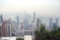 Hong Kong Panorama of megacities skyscrapers surrounded by the sea bay.