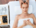 Panorama top view woman enjoying relaxing anti-stress head massage. Quiescent Royalty Free Stock Photo