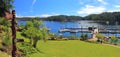 Panorama of Totem Pole overlooking Dock at Gorge Harbour, Cortes Island, Discovery Islands, British Columbia, Canada Royalty Free Stock Photo