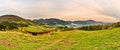 Panorama with a tourist hut in Sudetes, Poland