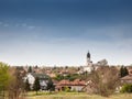 Panorama of the town of Grocka at spring, with a focus on the Crkva Sveta Trojica church. Grocka is Serbian town, part of Belgrade
