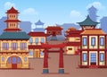 Panorama traditional Asian town vector flat illustration. Chinese street traditional houses, arch