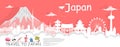 Panorama travel postcard, tour advertising world famous landmarks of Japan, paper cut style - Vector illustration