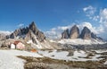 Panorama of Tre Cime and Mount Paterno. Sexten Dolomites, Italy