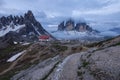 Panorama of Tre Cime and Monte Paterno at cloudy morning