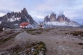 Panorama of Tre Cime and Monte Paterno at cloudy morning