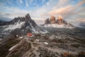 Panorama of Tre Cime and Monte Paterno at cloudy morning