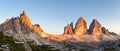 Panorama of Tre Cime and Monte Paterno at sunset