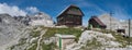 Panorama Triglav and Dom Valentina Stanica mountain hut in Julian Alps