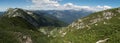 Panorama with Triglav mountain and Bohinj lake from the hillside of Crna Prst in Triglav national park in Slovenia