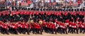 Panorama of Trooping the Colour ceremony at Horse Guards Parade, Westminster, London UK, with Household Division soldiers.