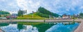 Panorama of Trout Pond, cable car and mountains of Bukovel, Ukraine