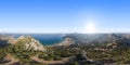 360 panorama of Tsambika beach with Church and rocky mountains near Kolympia on Rhodes island, Dodecanese, Greece Royalty Free Stock Photo