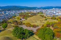 Panorama of Tumuli park and other royal tombs in the center of Korean town Gyeongju Royalty Free Stock Photo