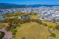 Panorama of Tumuli park and other royal tombs in the center of Korean town Gyeongju Royalty Free Stock Photo