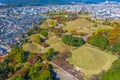 Panorama of Tumuli park and other royal tombs in the center of Korean town Gyeongju Royalty Free Stock Photo