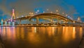 Panorama twilight twin suspension bridge river front