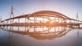 Panorama twin suspension bridge reflection