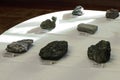 Panorama, uncut and rough mineral stones with their respective scientific names.