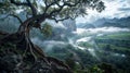 Panorama of the valley in the morning with fog and big tree Royalty Free Stock Photo