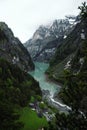 Panorama valley view of alpine mountain village hamlet St Martin im Calfeisental Gigerwaldsee St Gallen Switzerland