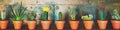 Panorama, various sorts of cactus plants in a row, metallic background