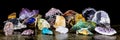 Panorama, various uncut and raw mineral stones, gemstone and healing stone collection Royalty Free Stock Photo