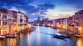 Panorama of Venice at night, Italy. Beautiful cityscape of Venice in evening. Panoramic view of Grand Canal at dusk. It is one of Royalty Free Stock Photo