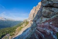 Panorama of Via Ferrata Astaldi upon Dibona mountain hut with colorful triassic rocks