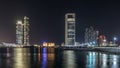 Panorama view of Abu Dhabi Skyline and seafront at night timelapse, United Arab Emirates Royalty Free Stock Photo