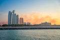 Panorama View of Abu Dhabi Skyline at sunset, United Arab Emirates Royalty Free Stock Photo