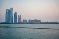 Panorama View of Abu Dhabi Skyline at sunset, United Arab Emirates Royalty Free Stock Photo