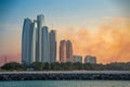 Panorama View of Abu Dhabi Skyline at sunset, United Arab Emirates Royalty Free Stock Photo