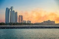 Panorama View of Abu Dhabi Skyline at sunset, United Arab Emirates Royalty Free Stock Photo